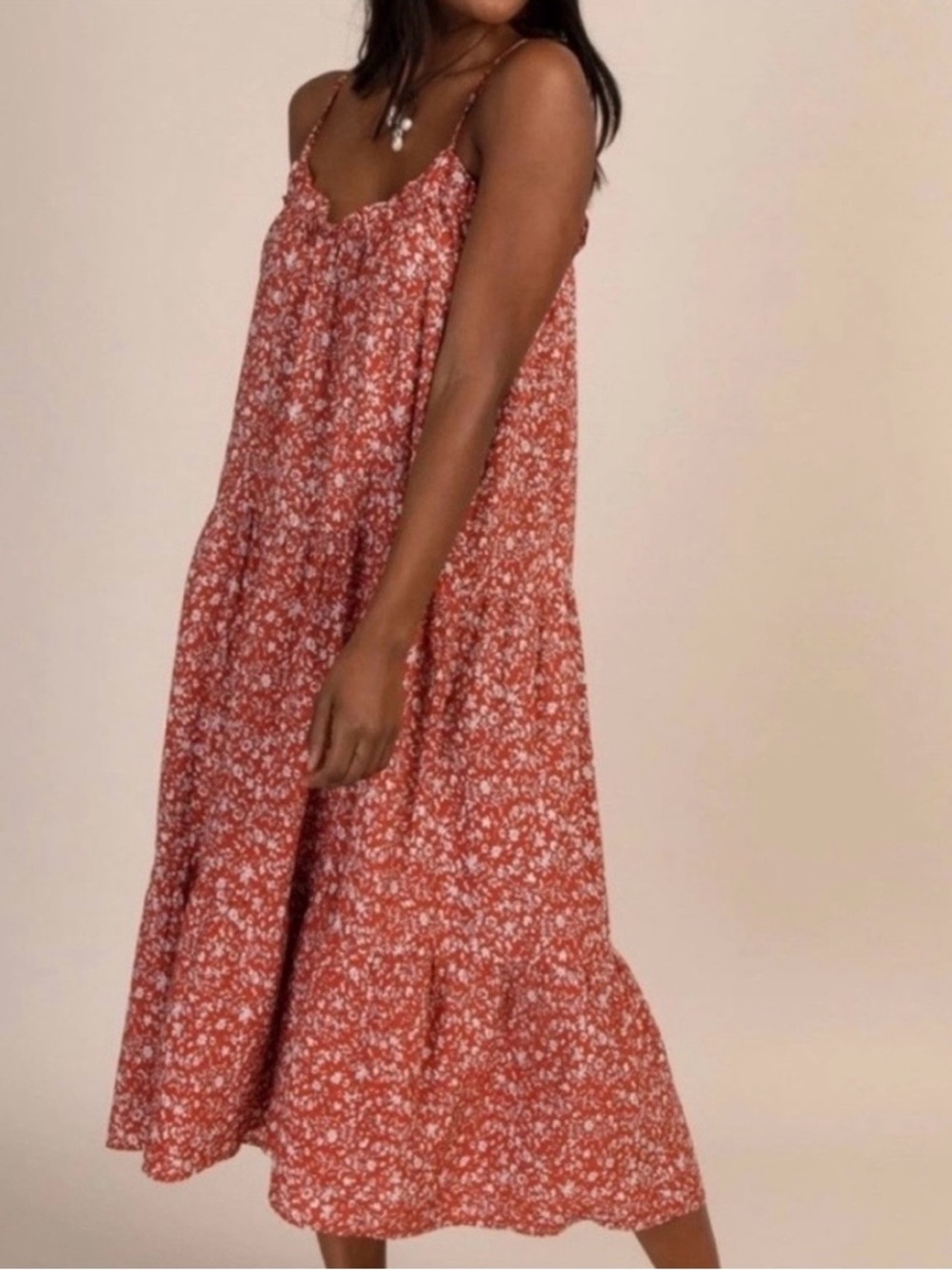 NATURAL LIFE Rust Red Floral Tiered Midi Dress